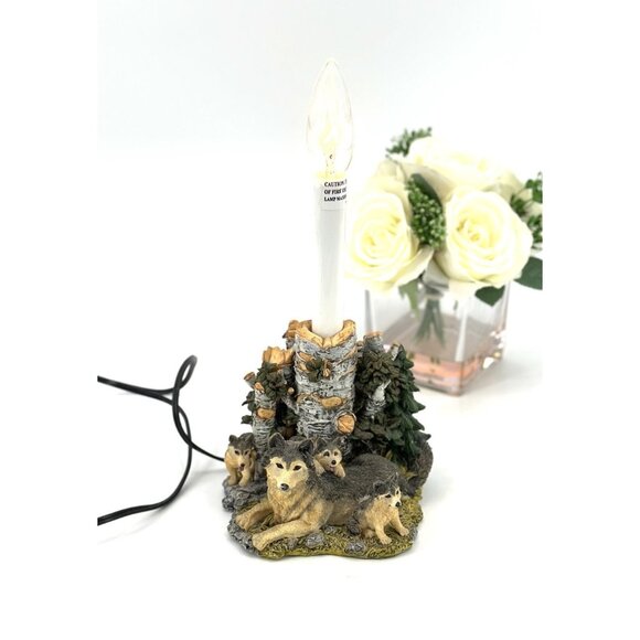 Cabin Theme Wolf Accent Table Lamp WolvesPups Birch Trees Woods Detailed Resin - Picture 13 of 15